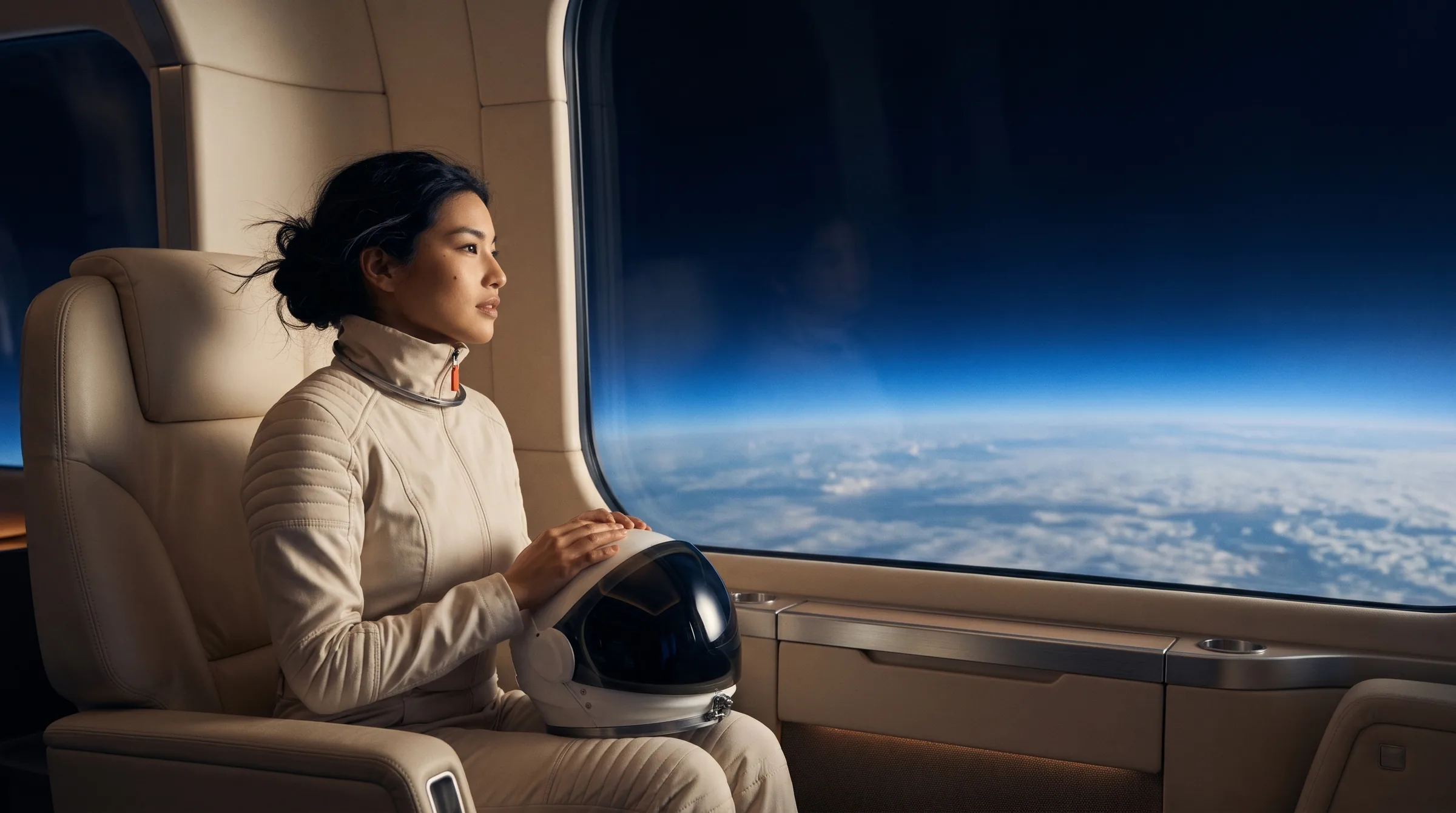 A passenger in a cream flight suit sits by the capsule's panoramic window, helmet on her lap