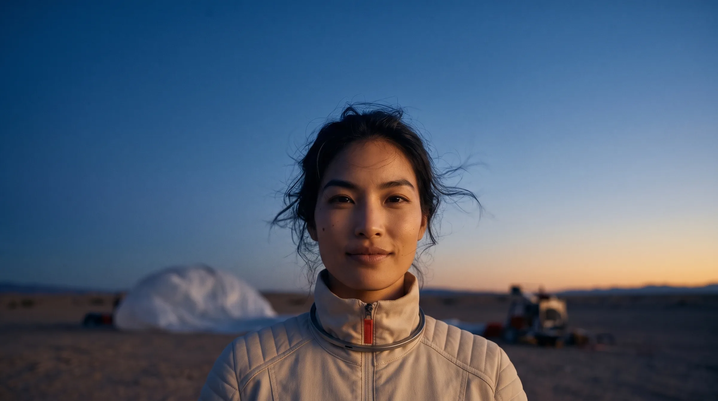 Back on the desert floor at dawn, she looks straight into the camera